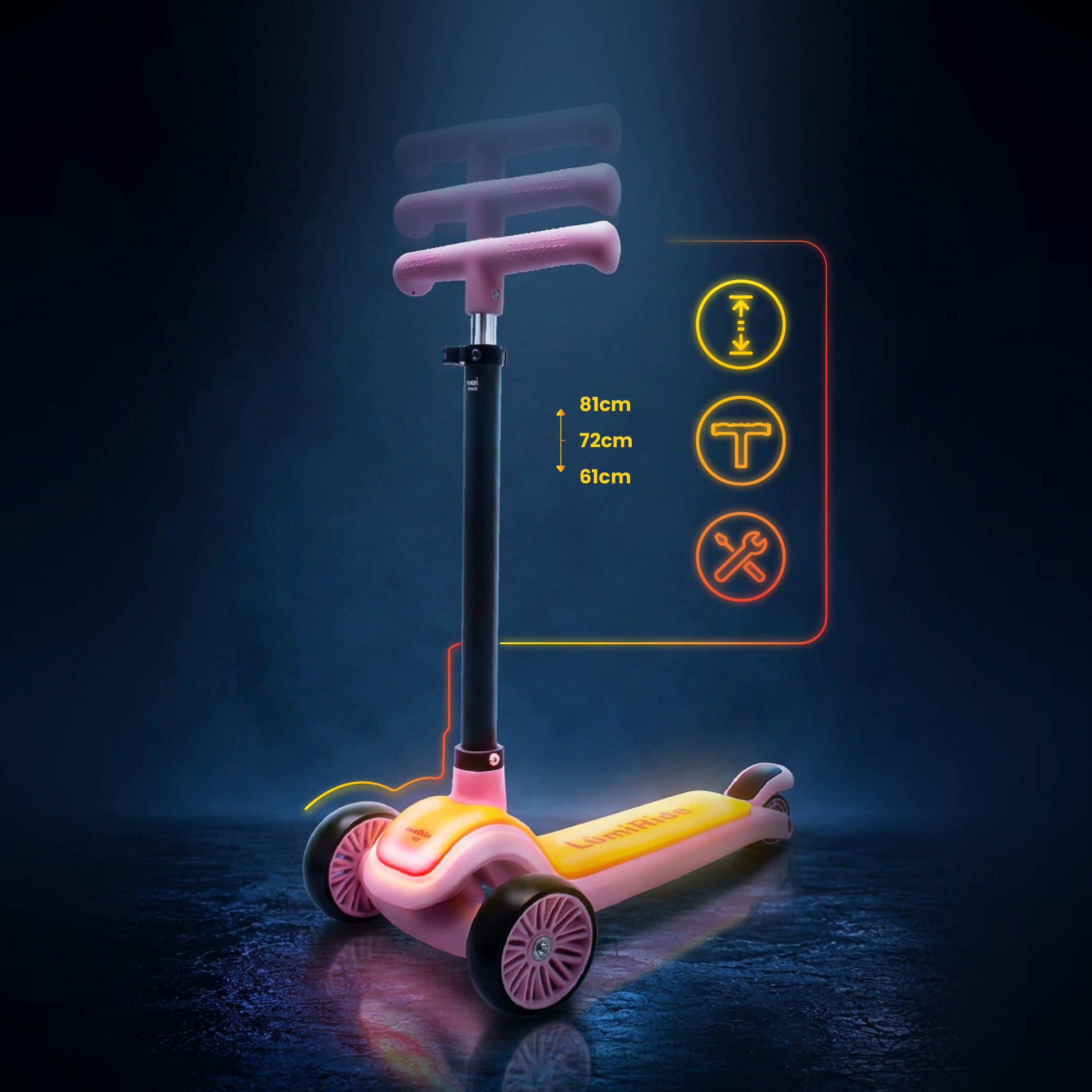 LUMI RIDE Hulajnoga trójkołowa balansowa składana regulowana Platforma LED 7 kolorów 20 programów różowy Sun Baby