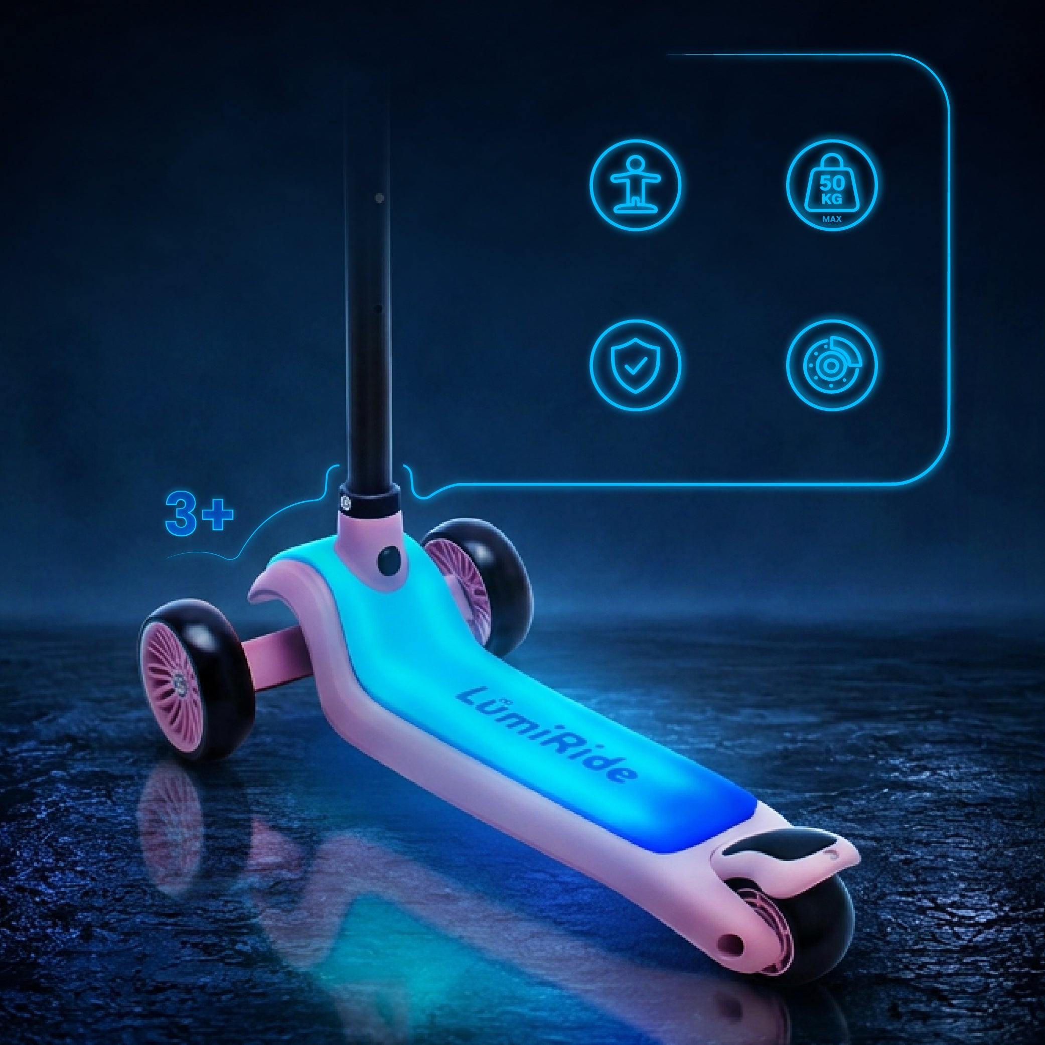 LUMI RIDE Hulajnoga trójkołowa balansowa składana regulowana Platforma LED 7 kolorów 20 programów różowy Sun Baby