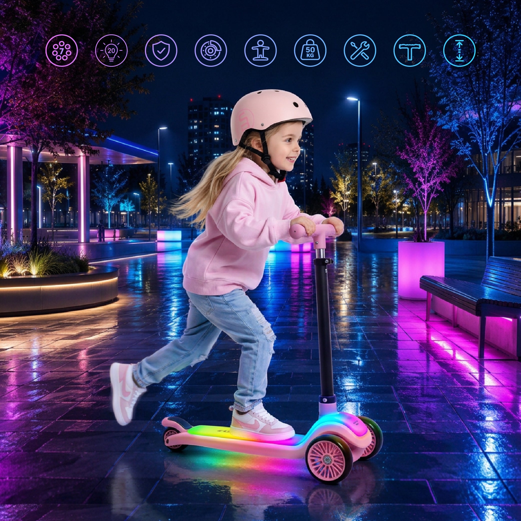 LUMI RIDE Hulajnoga trójkołowa balansowa składana regulowana Platforma LED 7 kolorów 20 programów różowy Sun Baby
