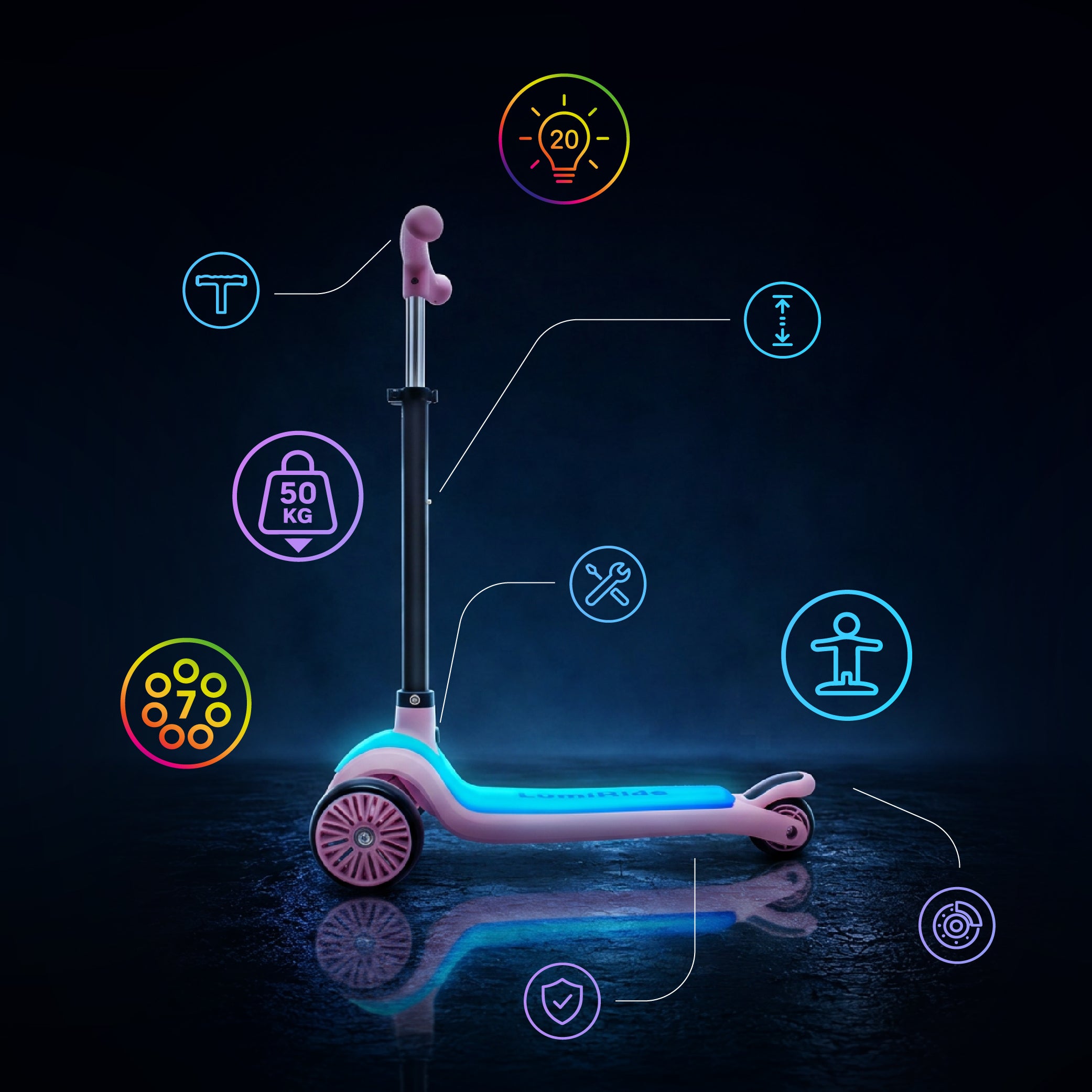 LUMI RIDE Hulajnoga trójkołowa balansowa składana regulowana Platforma LED 7 kolorów 20 programów różowy Sun Baby