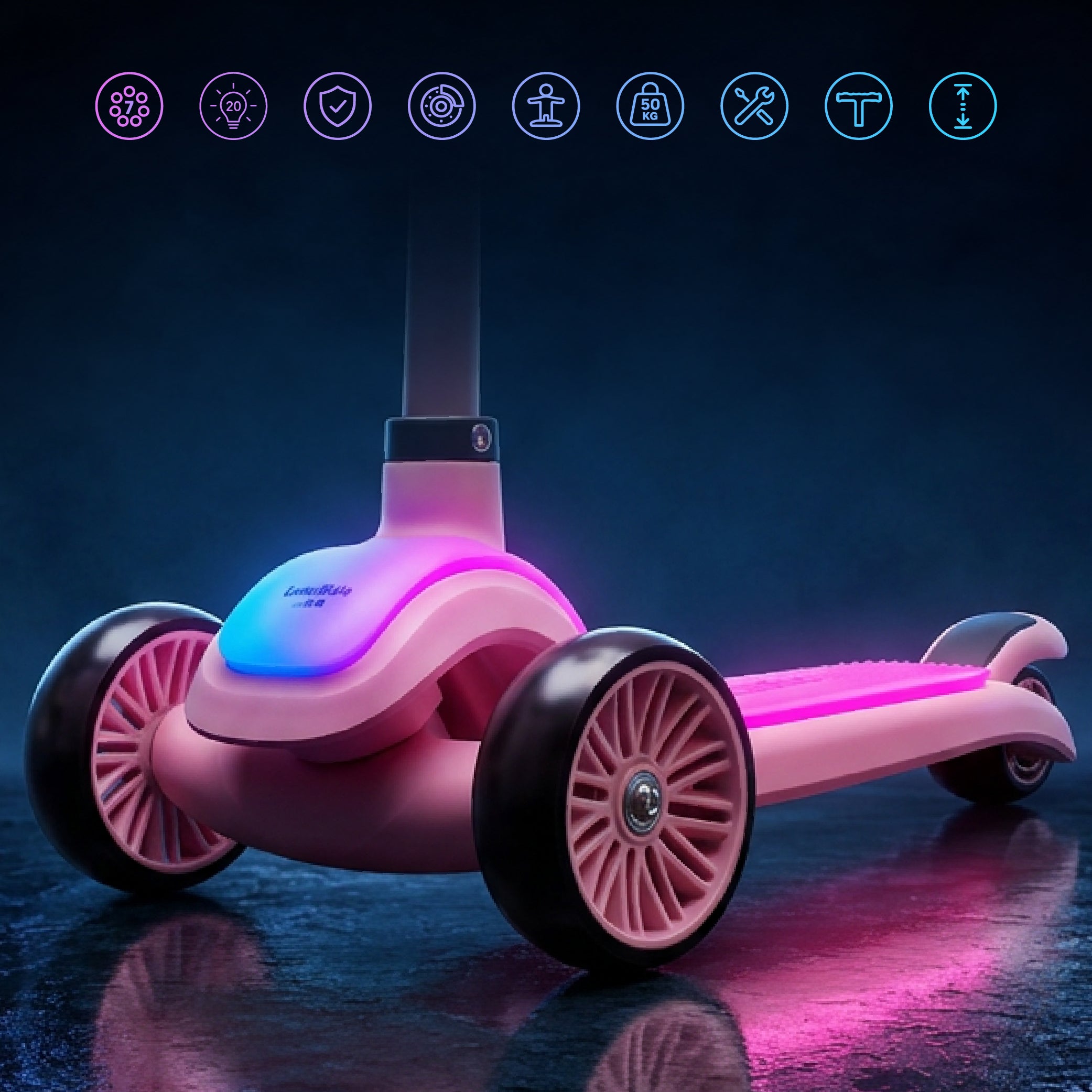 LUMI RIDE Hulajnoga trójkołowa balansowa składana regulowana Platforma LED 7 kolorów 20 programów różowy Sun Baby