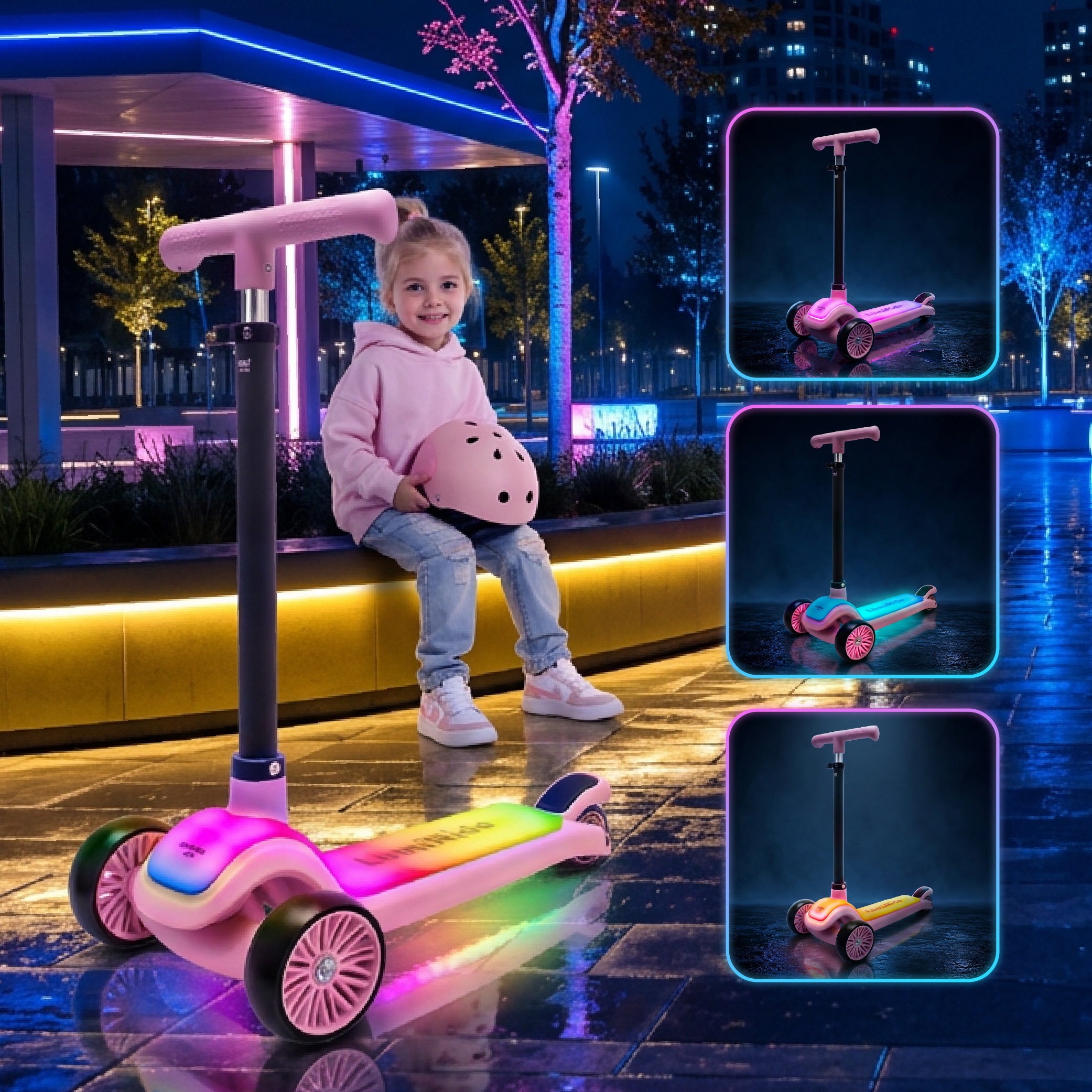 LUMI RIDE Hulajnoga trójkołowa balansowa składana regulowana Platforma LED 7 kolorów 20 programów różowy Sun Baby