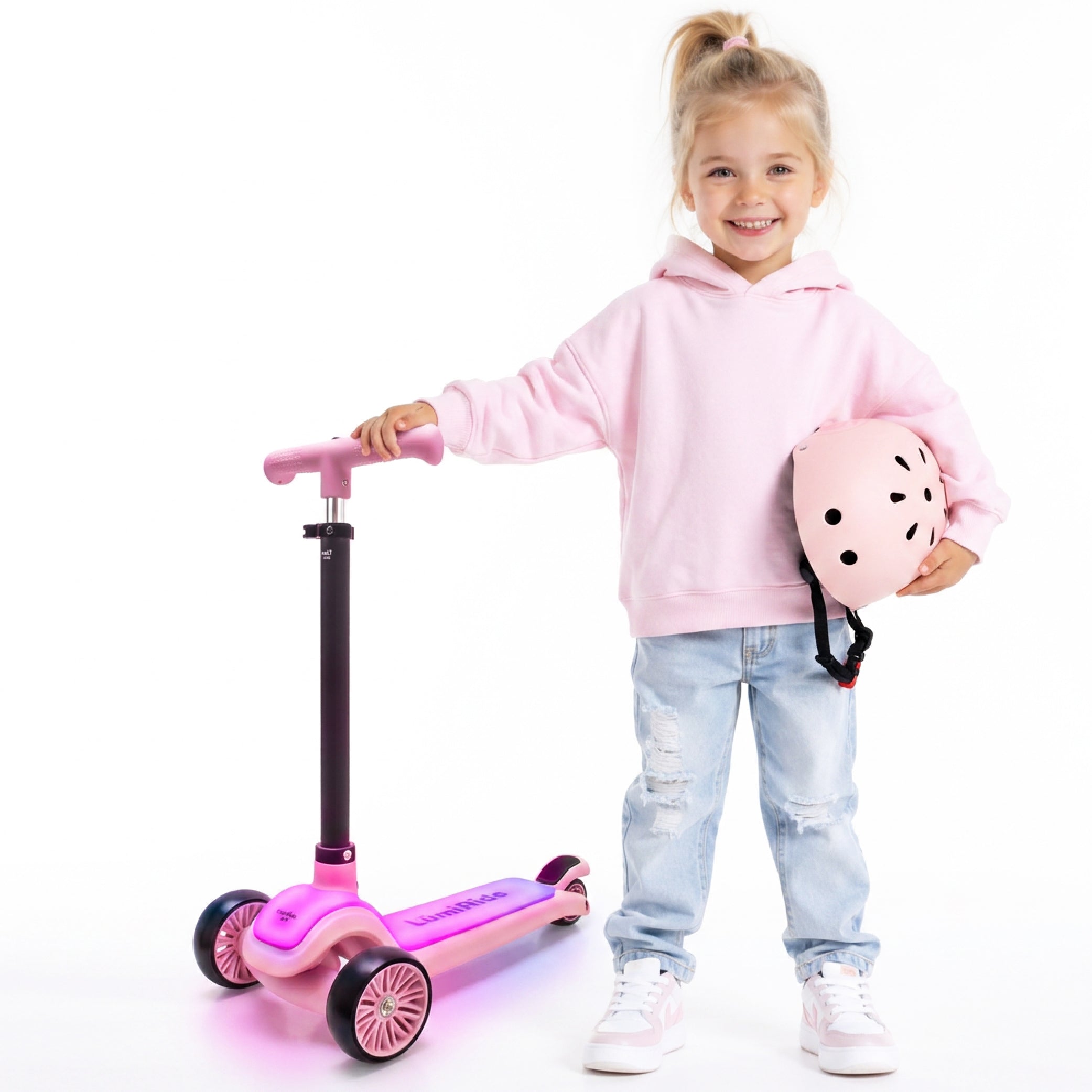 LUMI RIDE Hulajnoga trójkołowa balansowa składana regulowana Platforma LED 7 kolorów 20 programów różowy Sun Baby