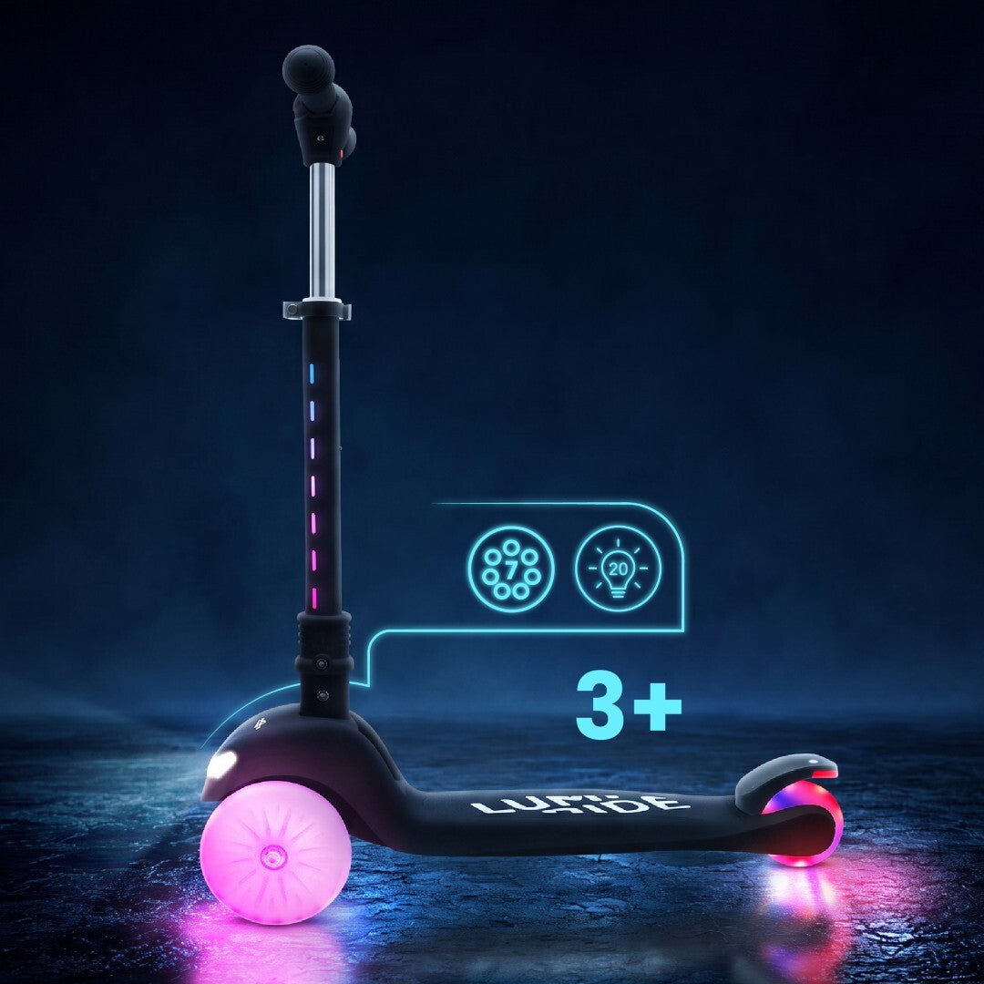 LUMI RIDE Dreirad-Balance-Scooter, faltbar, verstellbar, Regenbogen-LED-Räder, 7 Farben, 20 Programme, Schwarz, Sun Baby 