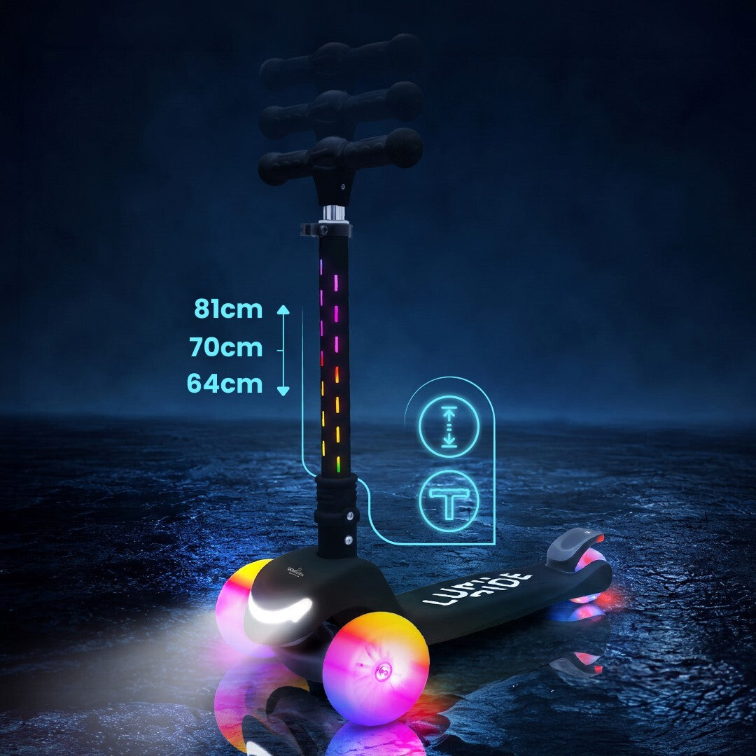 LUMI RIDE Dreirad-Balance-Scooter, faltbar, verstellbar, Regenbogen-LED-Räder, 7 Farben, 20 Programme, Schwarz, Sun Baby 