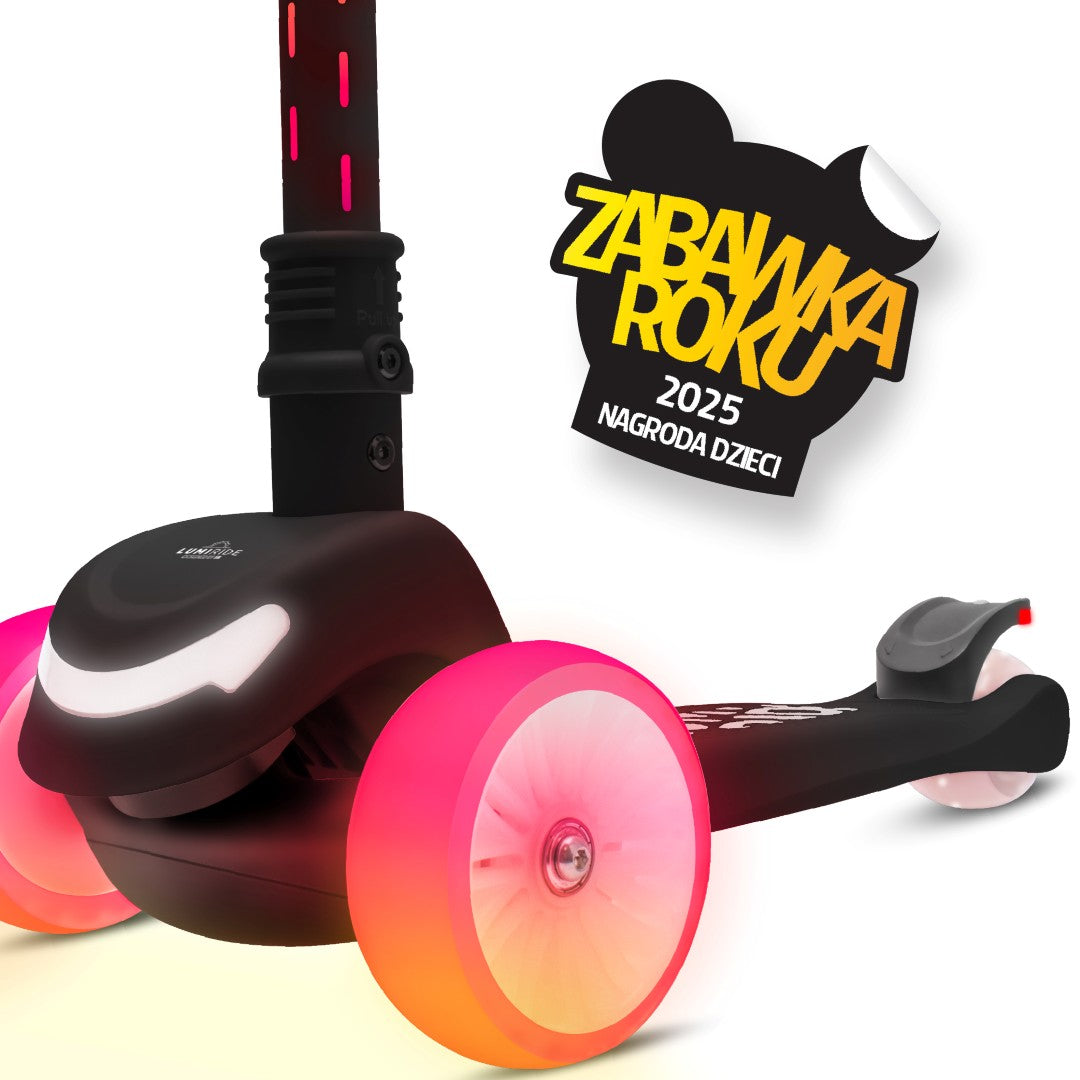 LUMI RIDE Tricycle Balance Scooter, Foldable, Adjustable, Rainbow LED Wheels, 7 Colors, 20 Programs, Black, Sun Baby