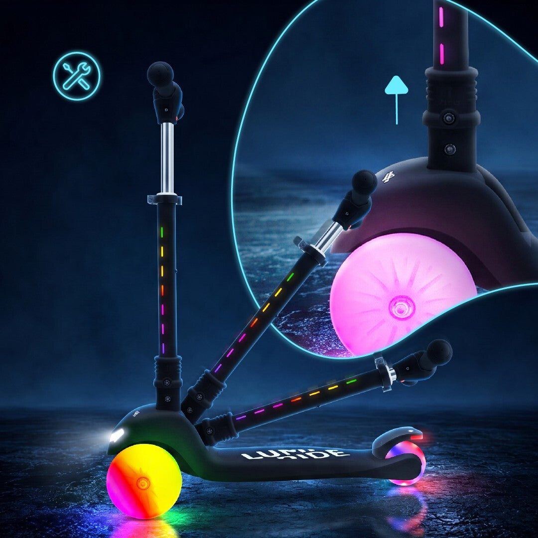 LUMI RIDE Dreirad-Balance-Scooter, faltbar, verstellbar, Regenbogen-LED-Räder, 7 Farben, 20 Programme, Schwarz, Sun Baby 