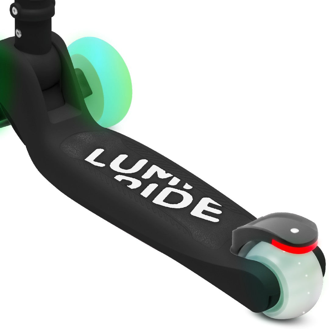 LUMI RIDE Tricycle Balance Scooter, Foldable, Adjustable, Rainbow LED Wheels, 7 Colors, 20 Programs, Black, Sun Baby