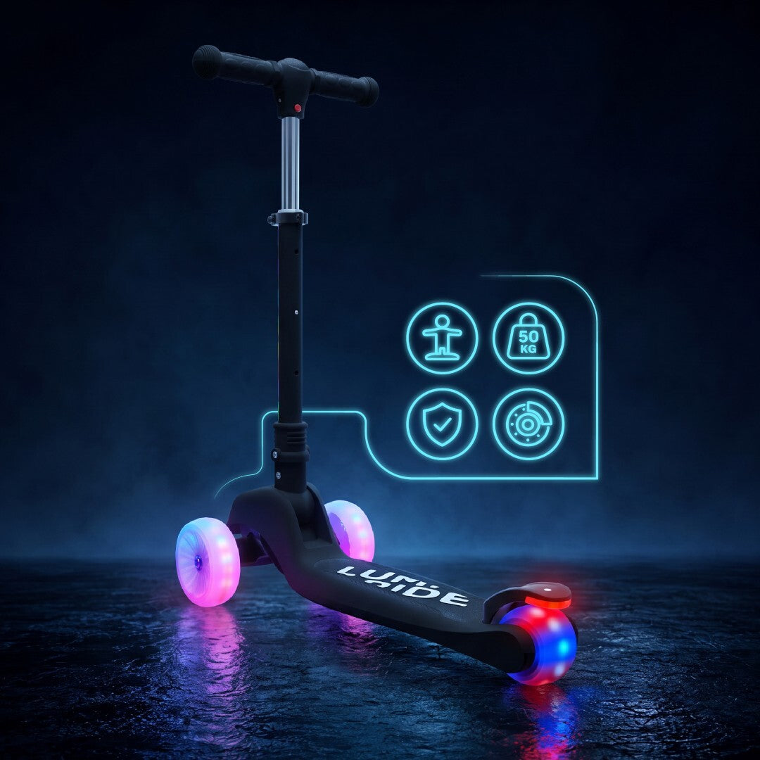 LUMI RIDE Dreirad-Balance-Scooter, faltbar, verstellbar, Regenbogen-LED-Räder, 7 Farben, 20 Programme, Schwarz, Sun Baby 
