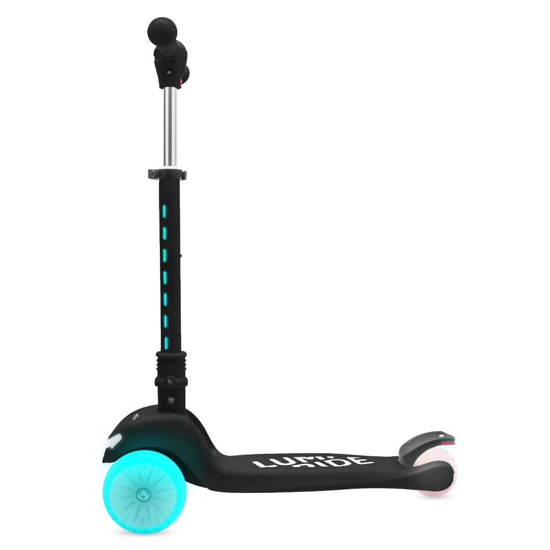 LUMI RIDE Tricycle Balance Scooter, Foldable, Adjustable, Rainbow LED Wheels, 7 Colors, 20 Programs, Black, Sun Baby