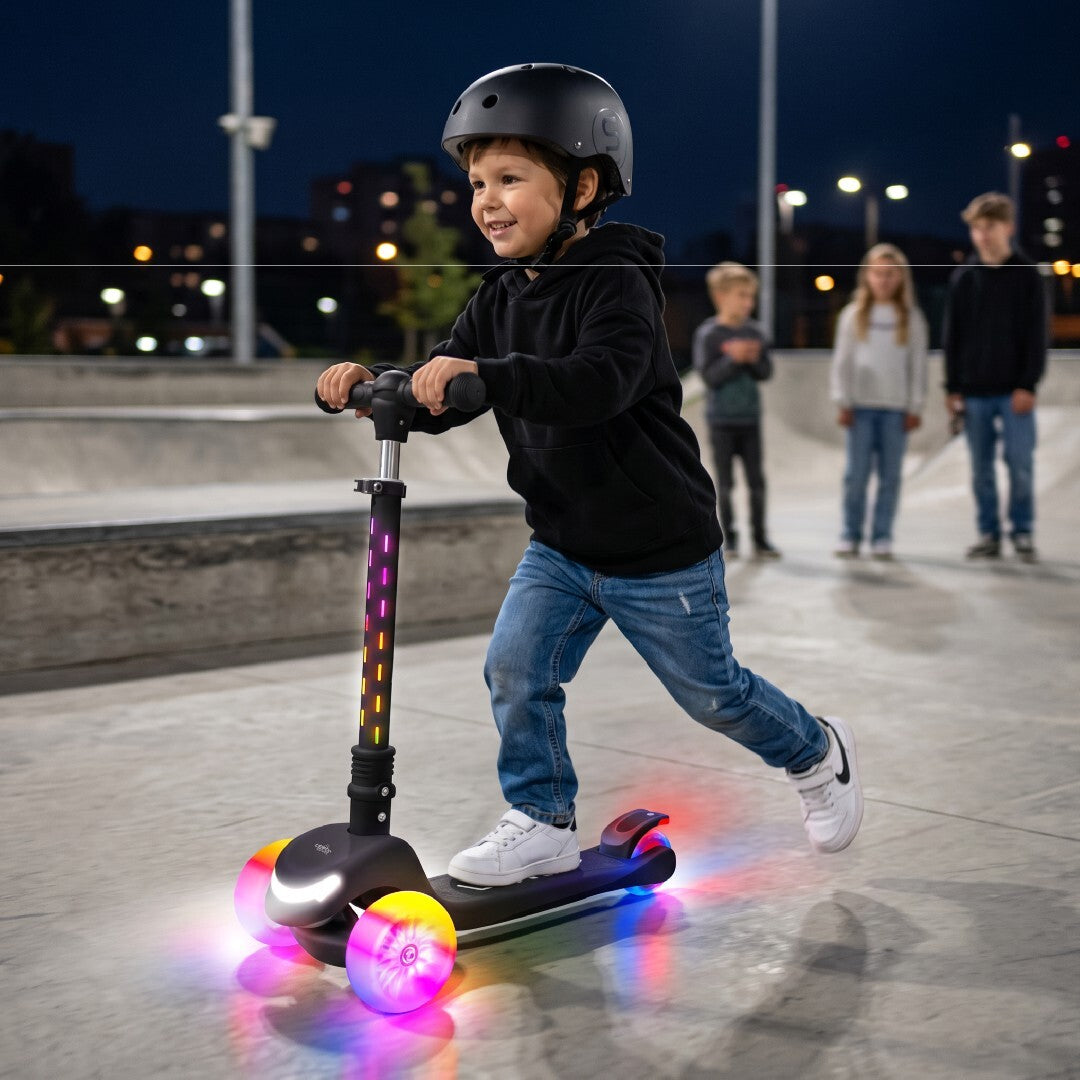 LUMI RIDE Dreirad-Balance-Scooter, faltbar, verstellbar, Regenbogen-LED-Räder, 7 Farben, 20 Programme, Schwarz, Sun Baby 