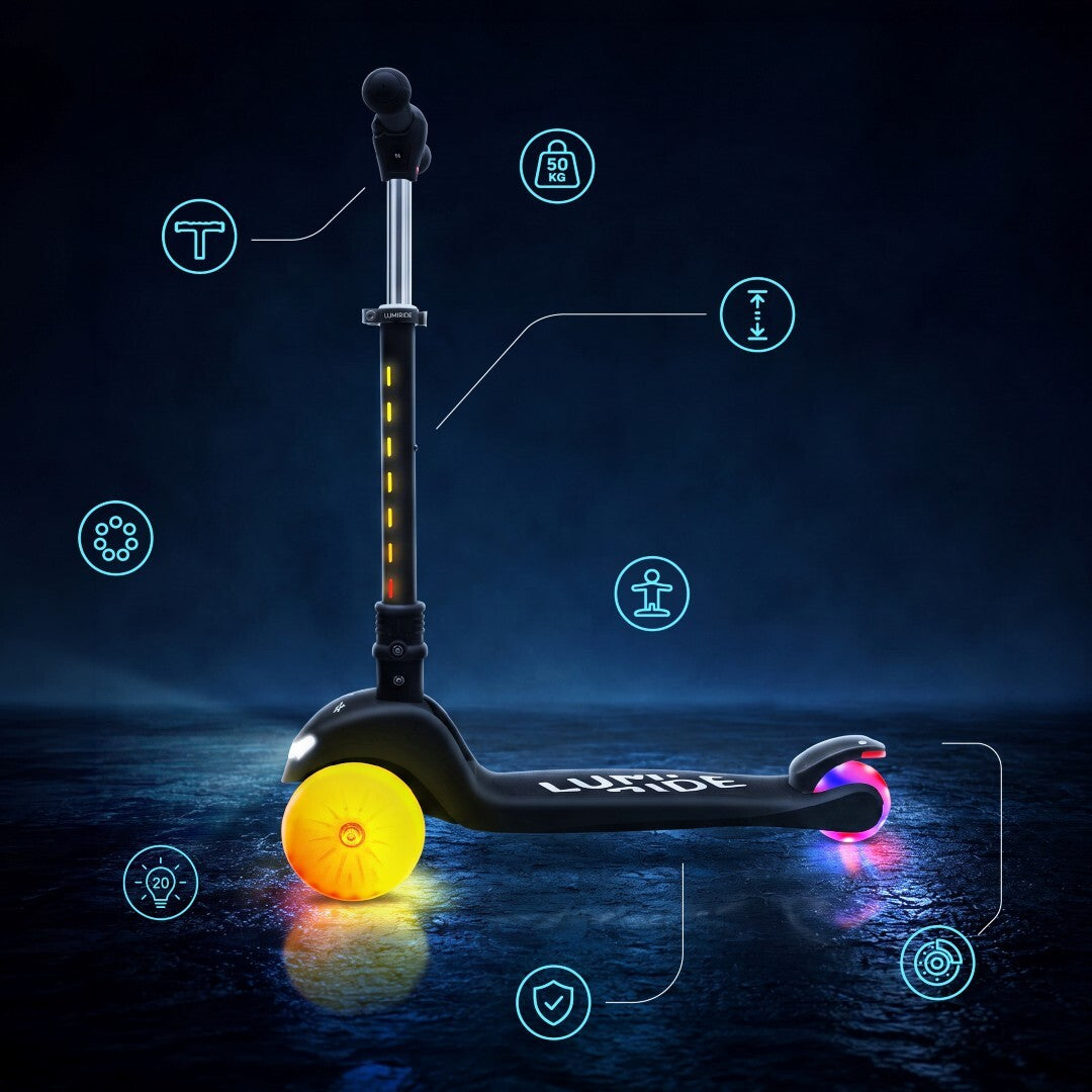 LUMI RIDE Dreirad-Balance-Scooter, faltbar, verstellbar, Regenbogen-LED-Räder, 7 Farben, 20 Programme, Schwarz, Sun Baby 