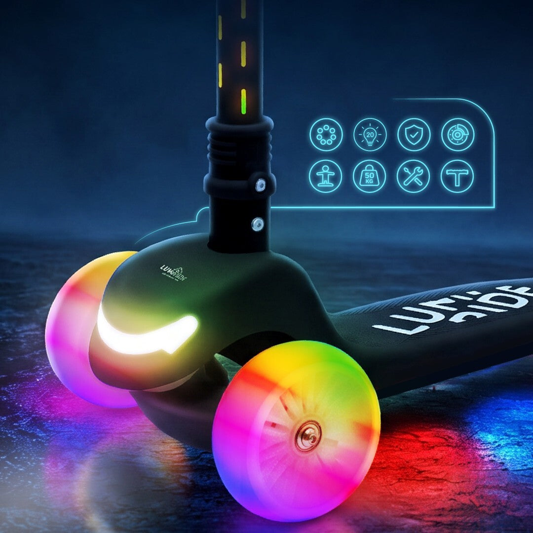 LUMI RIDE Dreirad-Balance-Scooter, faltbar, verstellbar, Regenbogen-LED-Räder, 7 Farben, 20 Programme, Schwarz, Sun Baby 