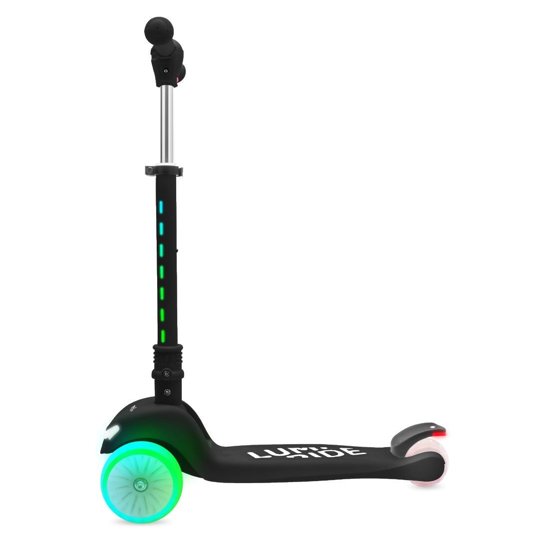 LUMI RIDE Tricycle Balance Scooter, Foldable, Adjustable, Rainbow LED Wheels, 7 Colors, 20 Programs, Black, Sun Baby