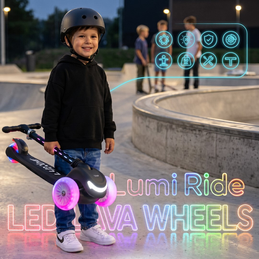 LUMI RIDE Dreirad-Balance-Scooter, faltbar, verstellbar, Regenbogen-LED-Räder, 7 Farben, 20 Programme, Schwarz, Sun Baby 