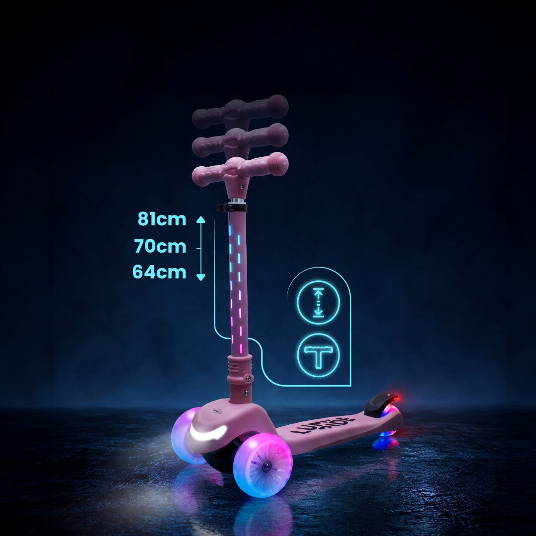 Three-wheeled balance scooter, foldable, adjustable, rainbow wheels, Lumi Ride LED, 7 colors, 20 programs, pink, Sun Baby