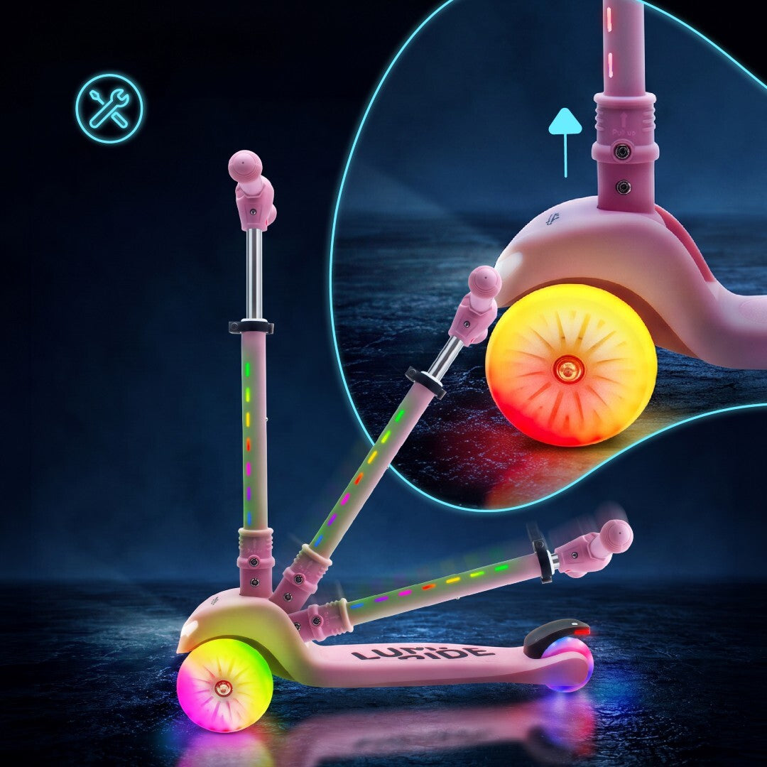 Three-wheeled balance scooter, foldable, adjustable, rainbow wheels, Lumi Ride LED, 7 colors, 20 programs, pink, Sun Baby