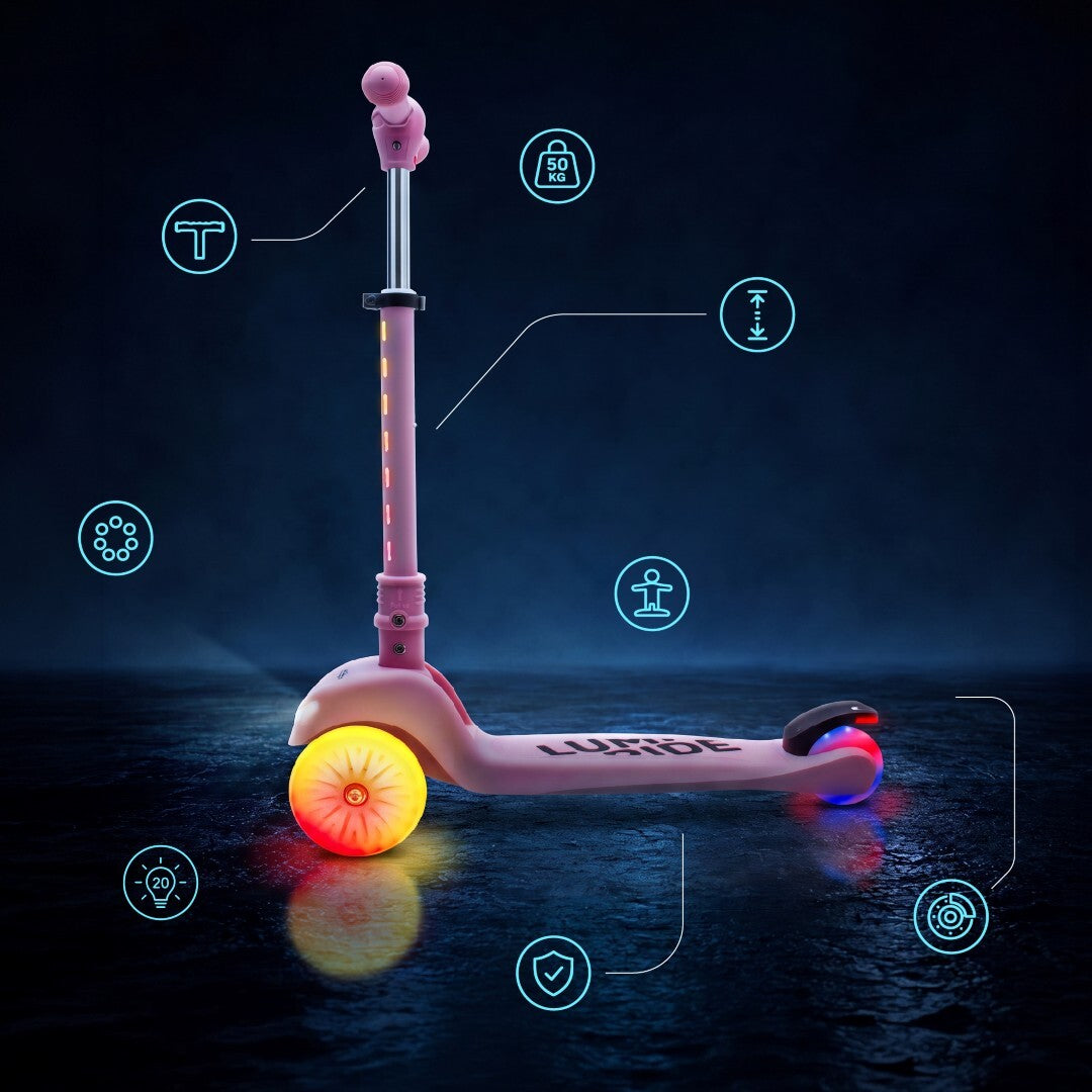 Three-wheeled balance scooter, foldable, adjustable, rainbow wheels, Lumi Ride LED, 7 colors, 20 programs, pink, Sun Baby