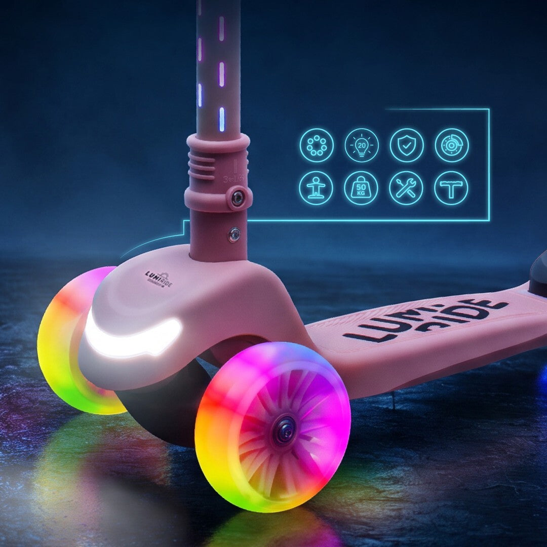 Three-wheeled balance scooter, foldable, adjustable, rainbow wheels, Lumi Ride LED, 7 colors, 20 programs, pink, Sun Baby