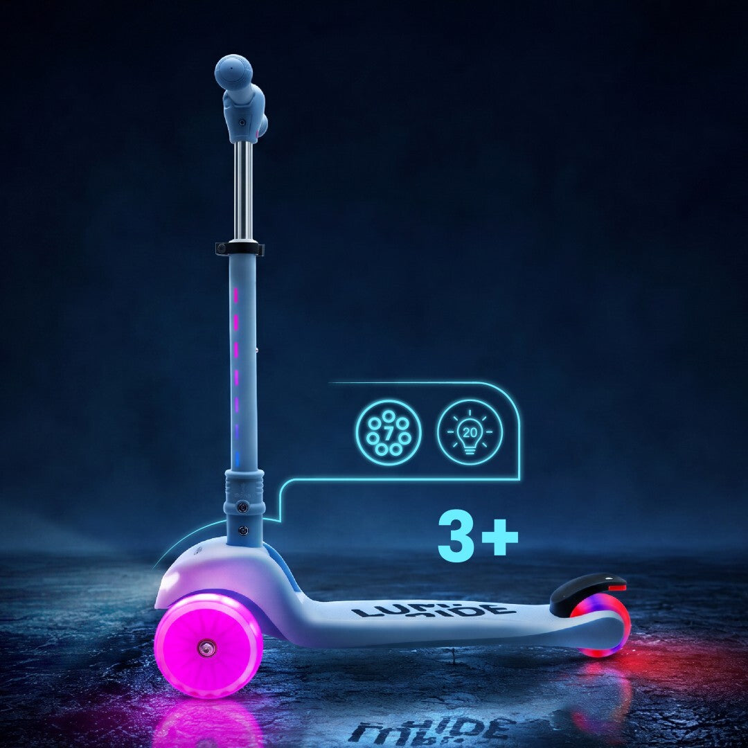 Three-wheeled balance scooter, foldable, adjustable, rainbow wheels, Lumi Ride LED, 7 colors, 20 programs, blue, Sun Baby