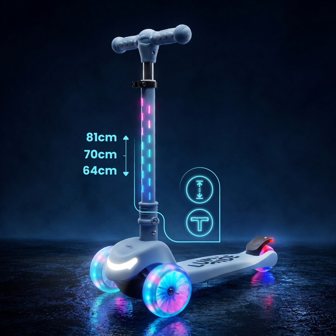 Three-wheeled balance scooter, foldable, adjustable, rainbow wheels, Lumi Ride LED, 7 colors, 20 programs, blue, Sun Baby