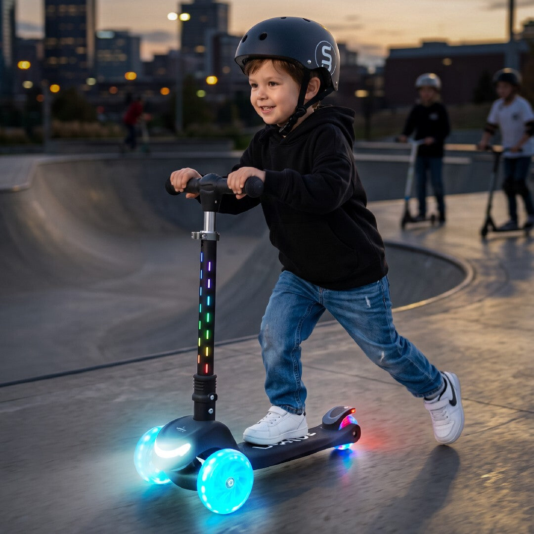 Three-wheeled balance scooter, foldable, adjustable, rainbow wheels, Lumi Ride LED, 7 colors, 20 programs, blue, Sun Baby