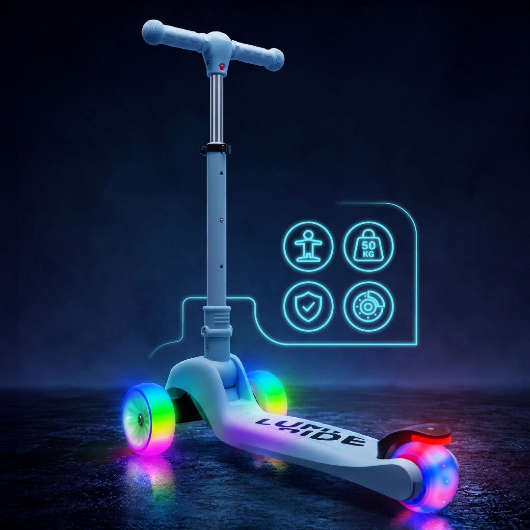 Three-wheeled balance scooter, foldable, adjustable, rainbow wheels, Lumi Ride LED, 7 colors, 20 programs, blue, Sun Baby