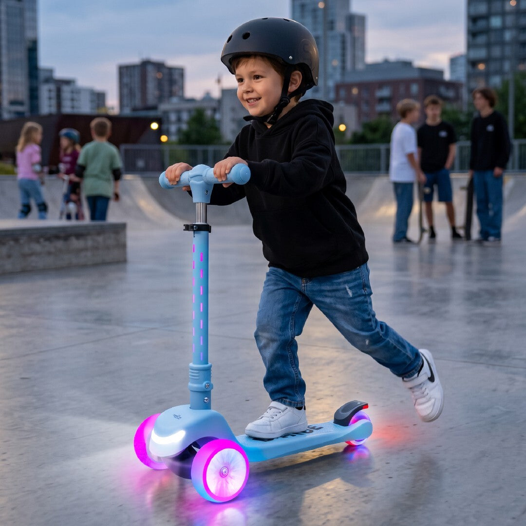Three-wheeled balance scooter, foldable, adjustable, rainbow wheels, Lumi Ride LED, 7 colors, 20 programs, blue, Sun Baby