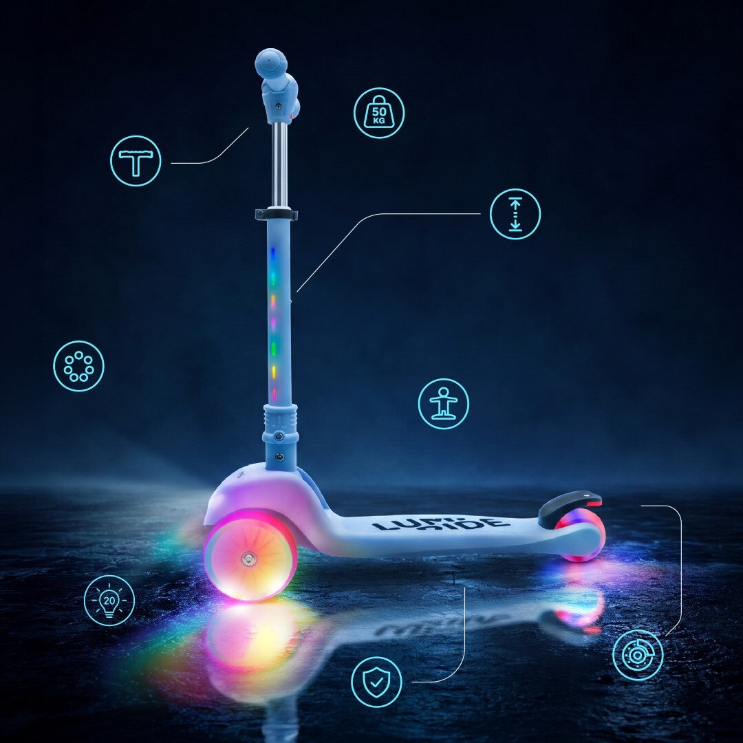 Three-wheeled balance scooter, foldable, adjustable, rainbow wheels, Lumi Ride LED, 7 colors, 20 programs, blue, Sun Baby