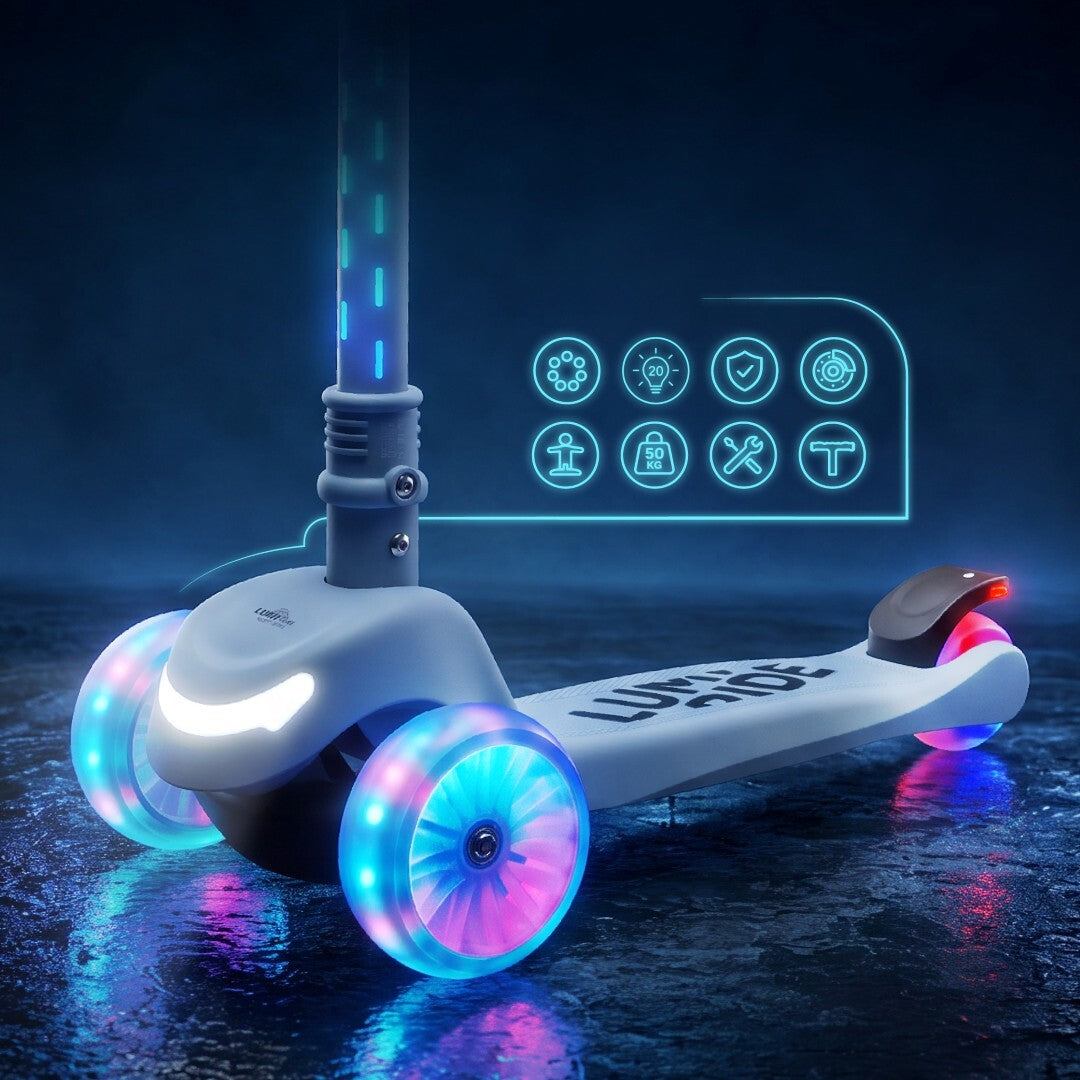 Three-wheeled balance scooter, foldable, adjustable, rainbow wheels, Lumi Ride LED, 7 colors, 20 programs, blue, Sun Baby