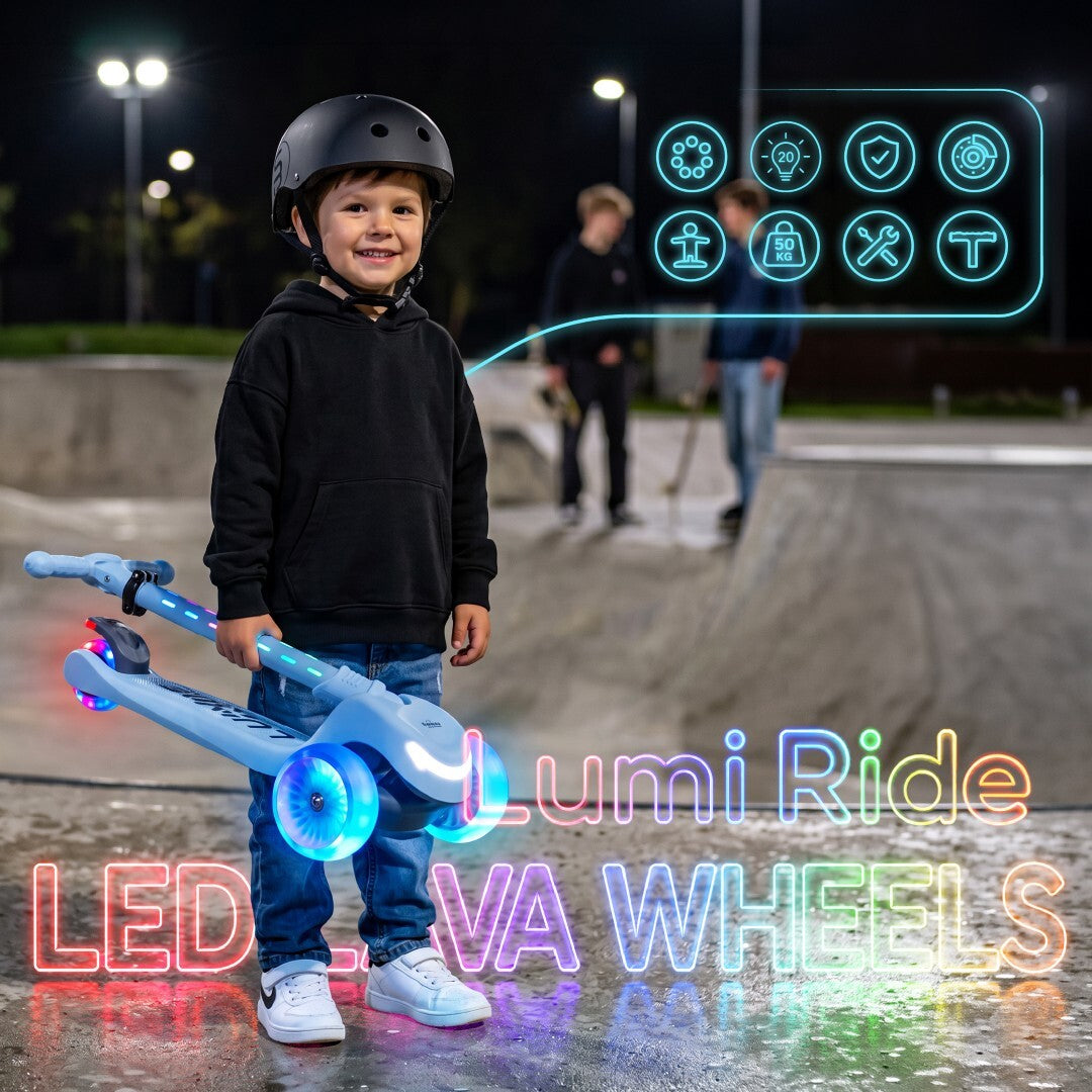 Three-wheeled balance scooter, foldable, adjustable, rainbow wheels, Lumi Ride LED, 7 colors, 20 programs, blue, Sun Baby