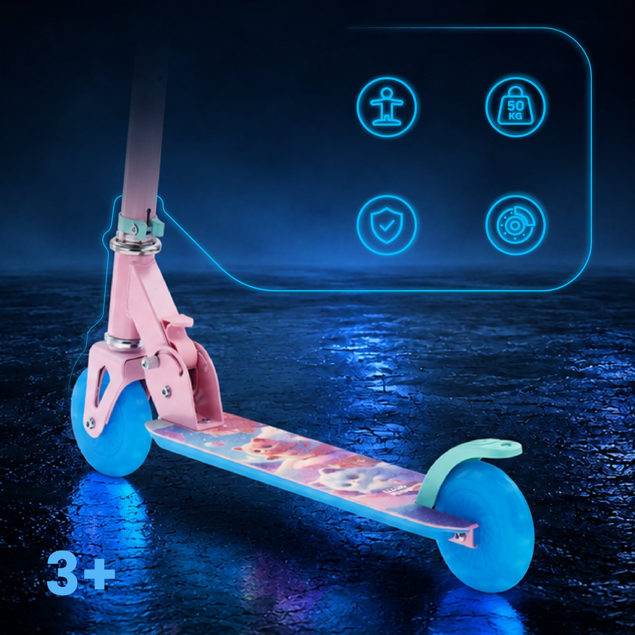 LUMI RIDE Hulajnoga dwukołowa dla dzieci składana regulowana LED 7 kolorów 20 programów KOTKI jasny różowy Sun Baby