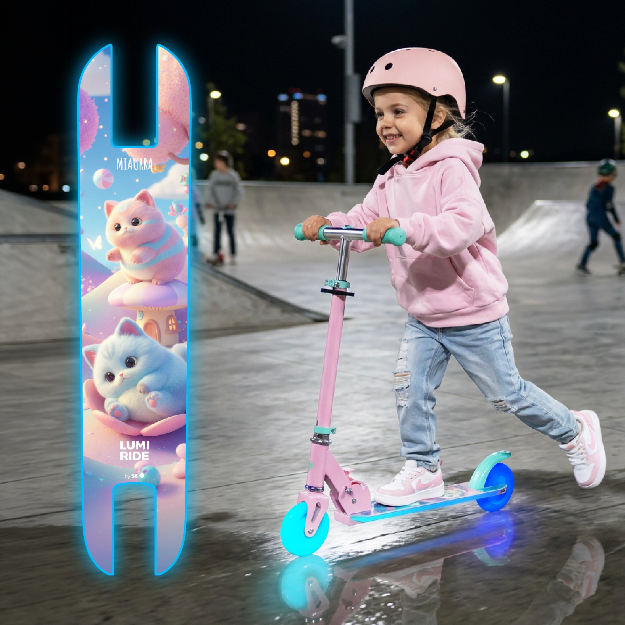 LUMI RIDE Hulajnoga dwukołowa dla dzieci składana regulowana LED 7 kolorów 20 programów KOTKI jasny różowy Sun Baby