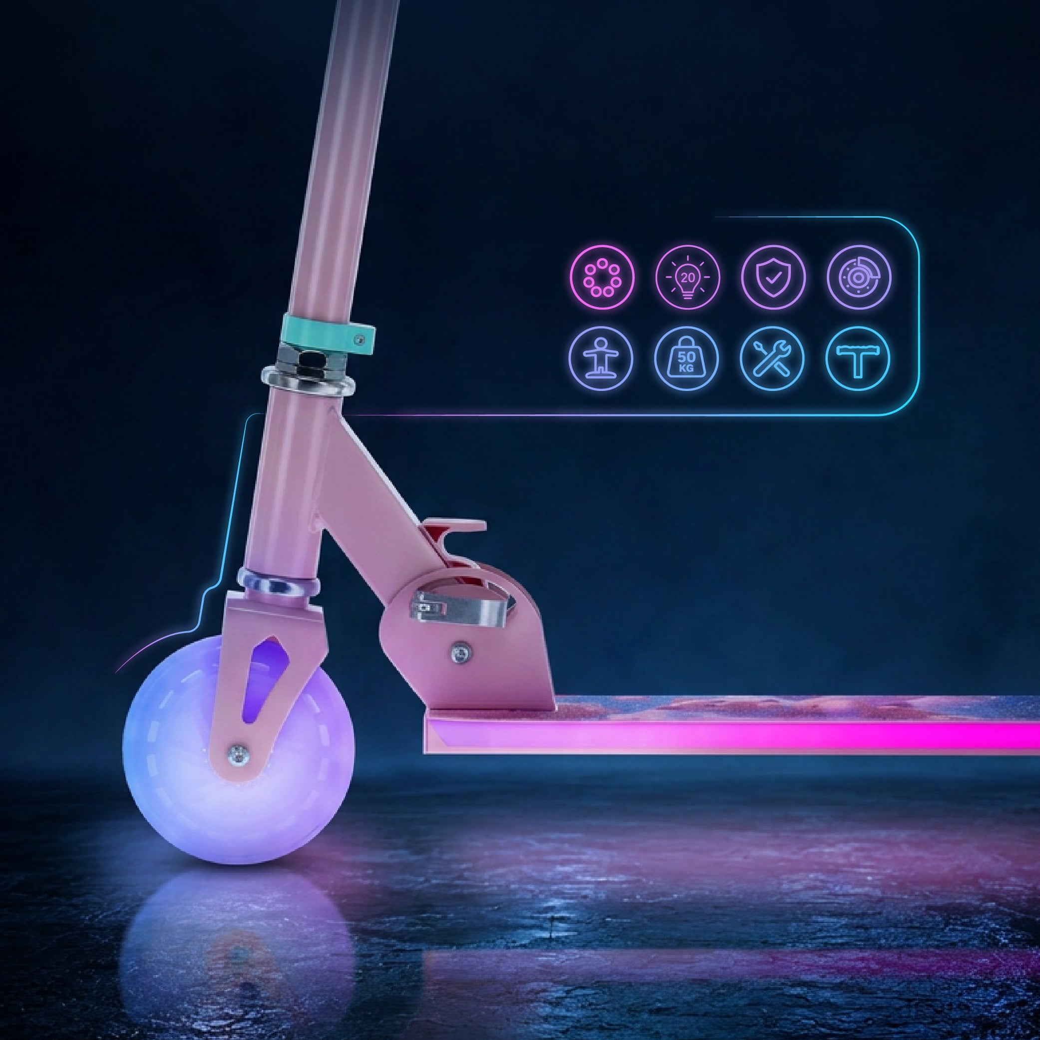 LUMI RIDE Hulajnoga dwukołowa dla dzieci składana regulowana LED 7 kolorów 20 programów KOTKI jasny różowy Sun Baby