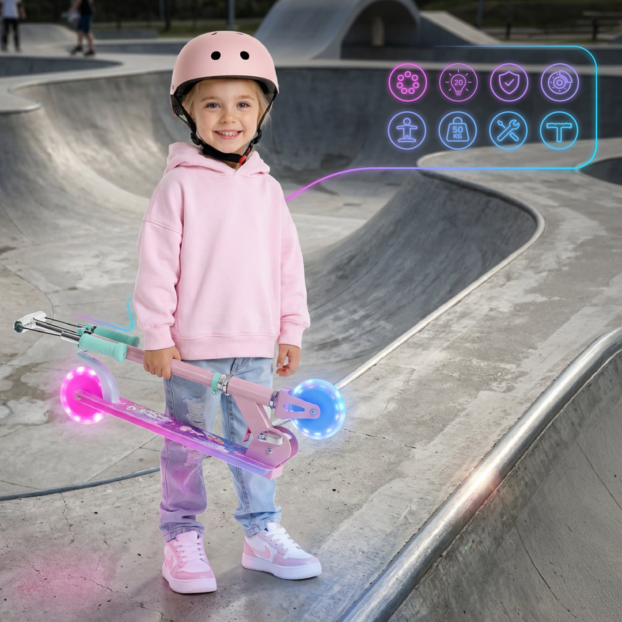 LUMI RIDE Hulajnoga dwukołowa dla dzieci składana regulowana LED 7 kolorów 20 programów KOTKI jasny różowy Sun Baby