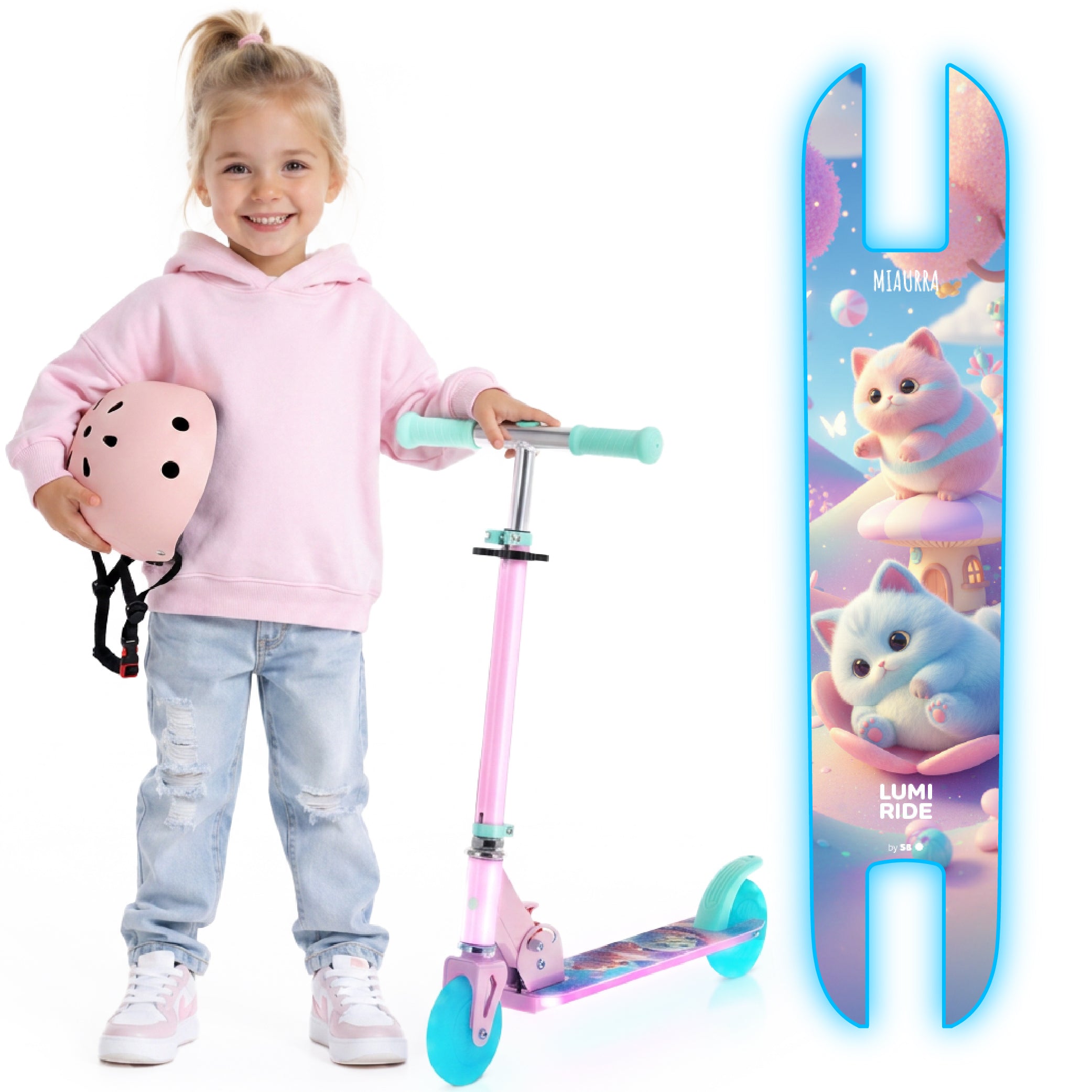 LUMI RIDE Hulajnoga dwukołowa dla dzieci składana regulowana LED 7 kolorów 20 programów KOTKI jasny różowy Sun Baby