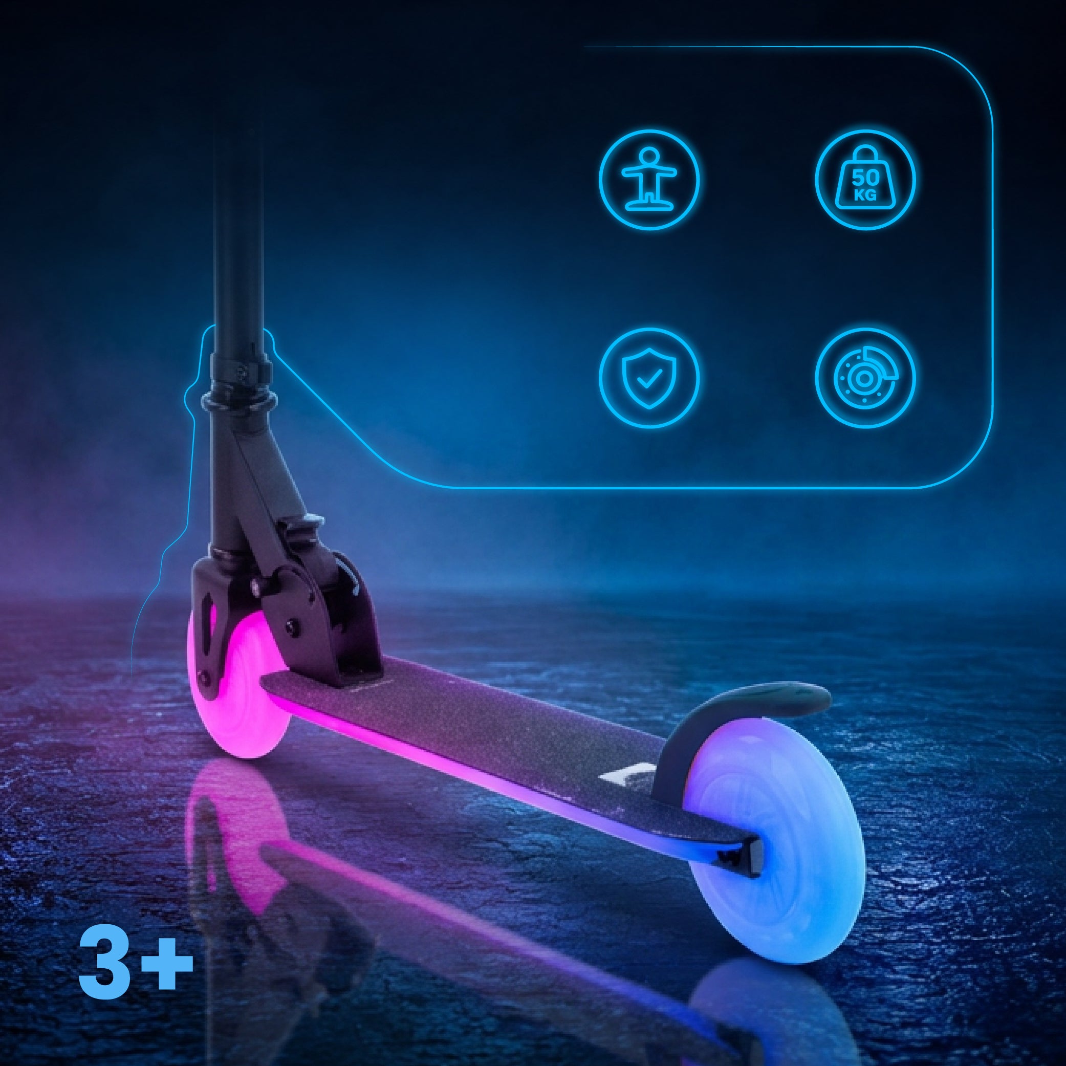 LUMI RIDE Hulajnoga dwukołowa dla dzieci składana regulowana LED 7 kolorów 20 programów czarny Sun Baby