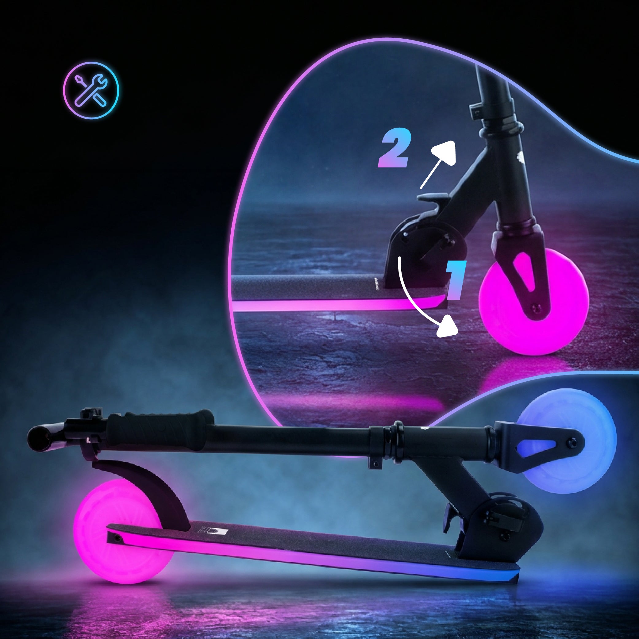 LUMI RIDE Hulajnoga dwukołowa dla dzieci składana regulowana LED 7 kolorów 20 programów czarny Sun Baby