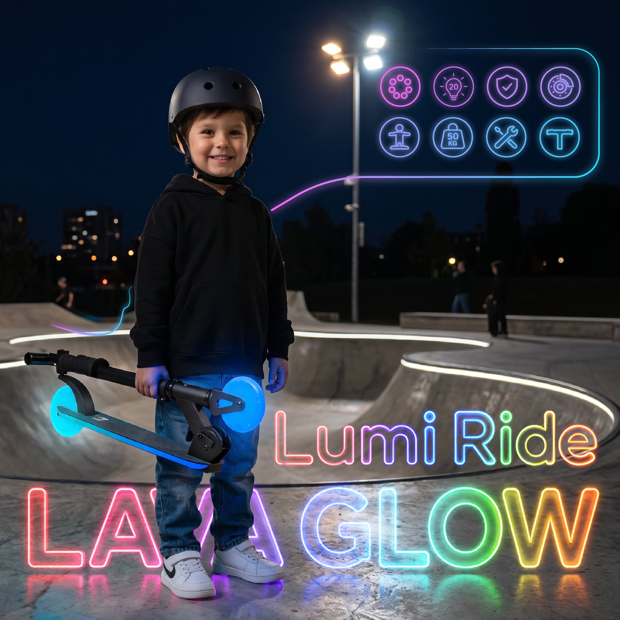 LUMI RIDE Hulajnoga dwukołowa dla dzieci składana regulowana LED 7 kolorów 20 programów czarny Sun Baby