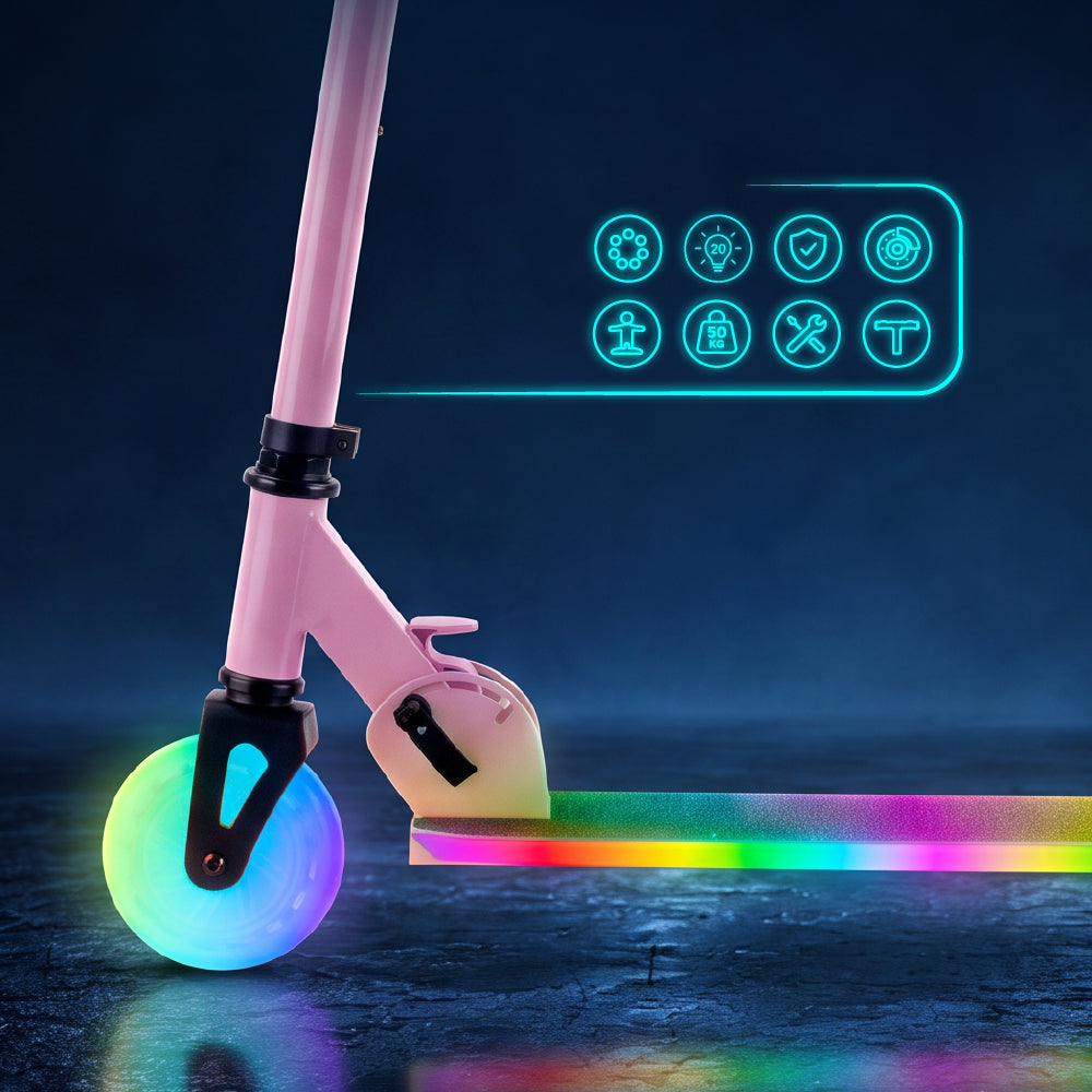 LUMI RIDE Zweirädriger Kinderroller, faltbar, verstellbar, LED, 7 Farben, 20 Programme, rosa, Sun Baby, 2. Klasse 