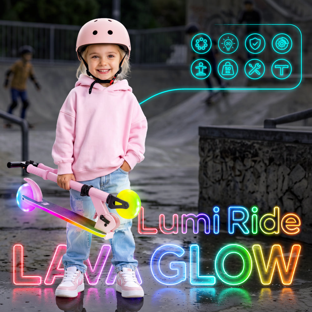 LUMI RIDE Zweirädriger Kinderroller, faltbar, verstellbar, LED, 7 Farben, 20 Programme, rosa, Sun Baby, 2. Klasse 