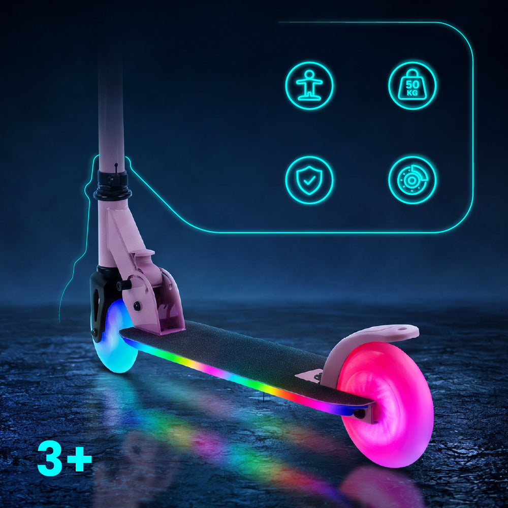 LUMI RIDE Zweirädriger Kinderroller, faltbar, verstellbar, LED, 7 Farben, 20 Programme, rosa, Sun Baby, 2. Klasse 