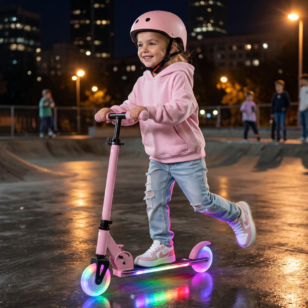 LUMI RIDE Zweirädriger Kinderroller, faltbar, verstellbar, LED, 7 Farben, 20 Programme, rosa, Sun Baby, 2. Klasse 