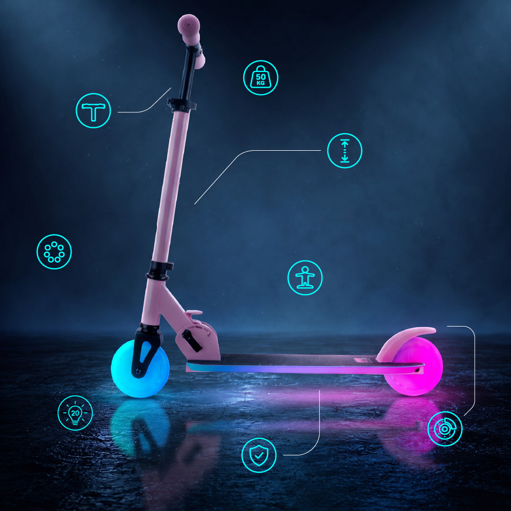 LUMI RIDE Zweirädriger Kinderroller, faltbar, verstellbar, LED, 7 Farben, 20 Programme, rosa, Sun Baby, 2. Klasse 