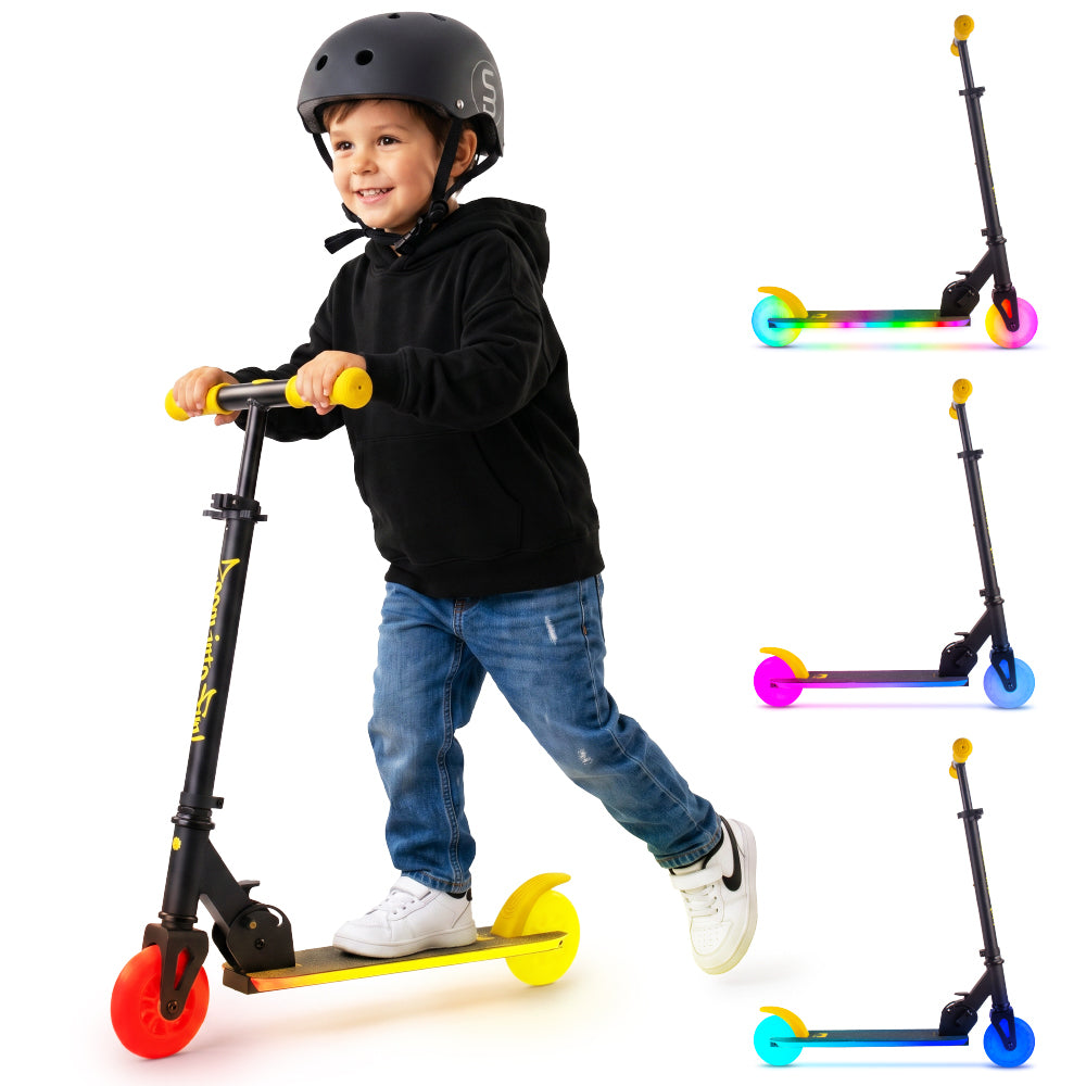 LUMI RIDE Zweirädriger Kinderroller, faltbar, verstellbar, LED, 7 Farben, 20 Programme, schwarz, gelb, Sun Baby 