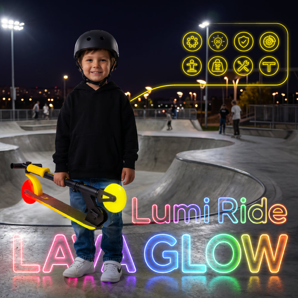 LUMI RIDE Hulajnoga dwukołowa dla dzieci składana regulowana LED 7 kolorów 20 programów czarny żółty Sun Baby