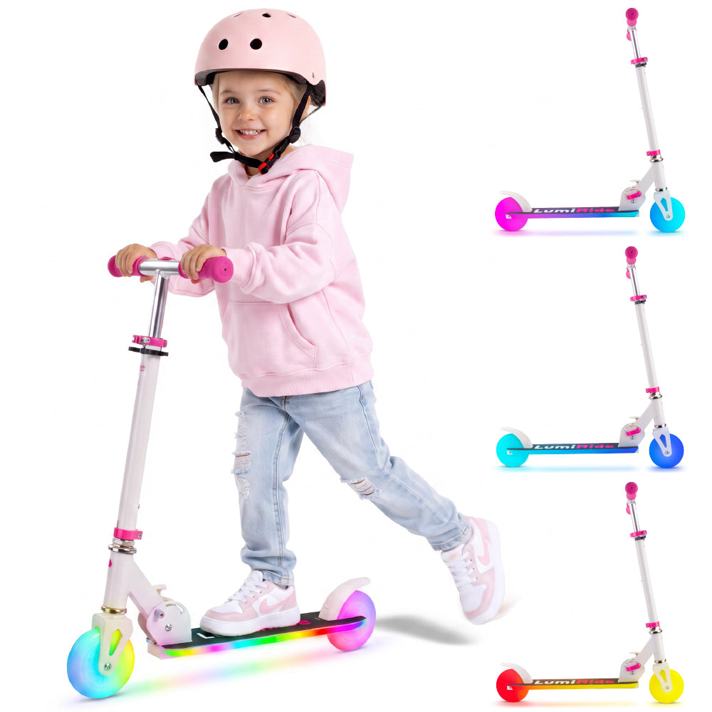 LUMI RIDE Zweirädriger Kinderroller, faltbar, verstellbar, LED, 7 Farben, 20 Programme, weiß, Sun Baby 