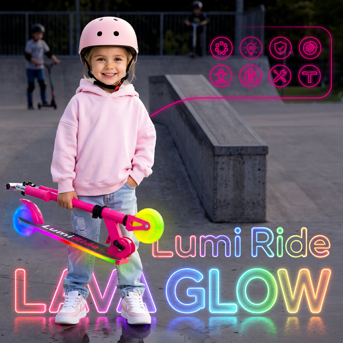 LUMI RIDE Two-wheeled scooter for children, foldable, adjustable, LED, 7 colors, 20 programs, fuchsia, Sun Baby 