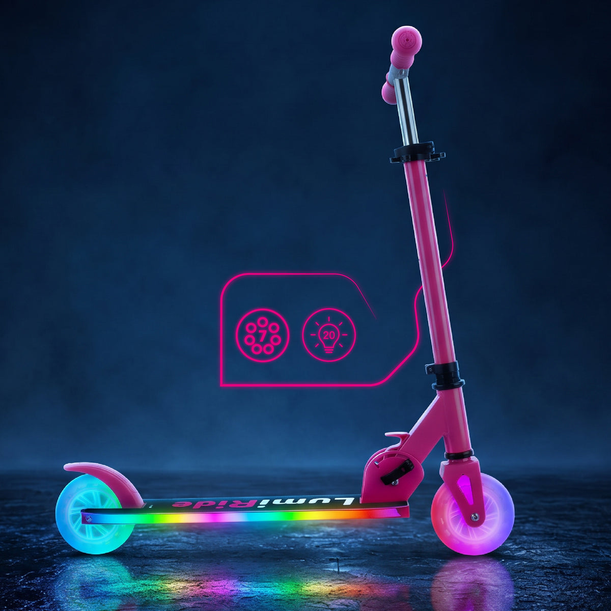 LUMI RIDE Two-wheeled scooter for children, foldable, adjustable, LED, 7 colors, 20 programs, fuchsia, Sun Baby 