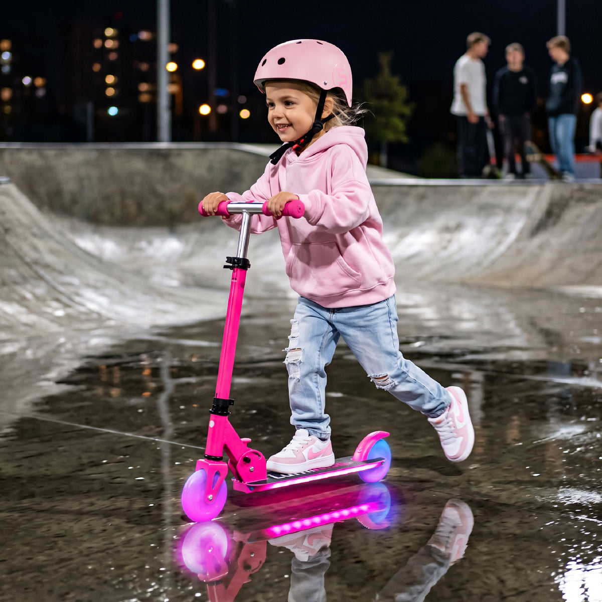 LUMI RIDE Two-wheeled scooter for children, foldable, adjustable, LED, 7 colors, 20 programs, fuchsia, Sun Baby 